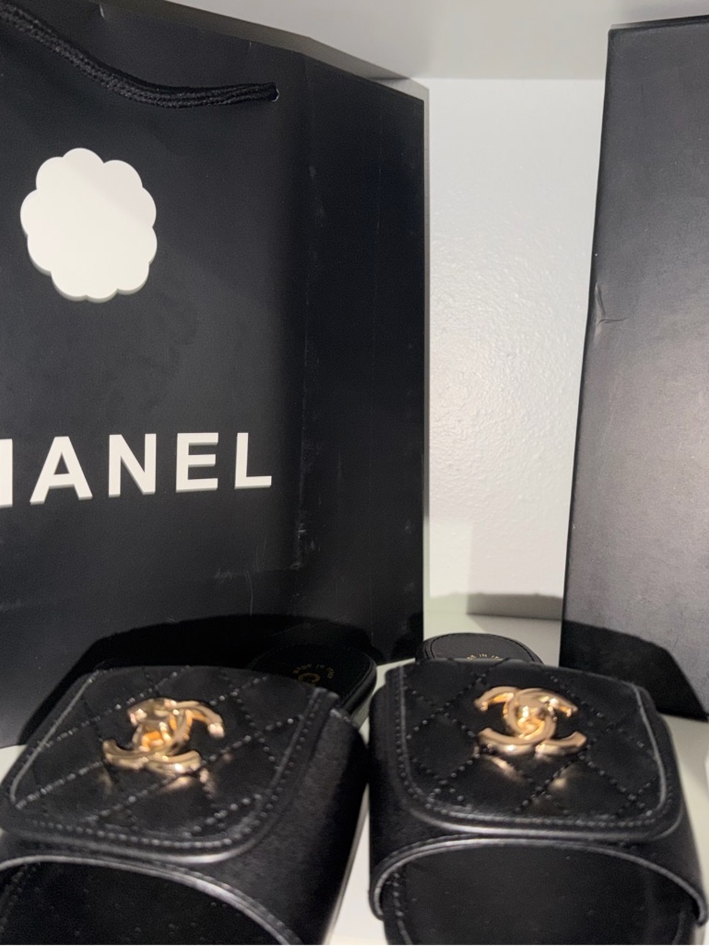 CHANEL Black Quilted Slide Sandals with Gold CC Emblem